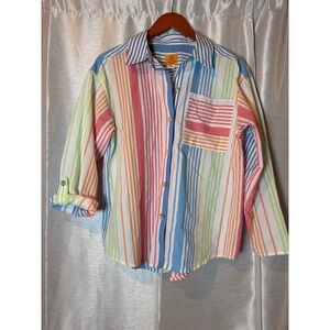 Ruby Rd Petite Multicolor Striped Button Down Shirt Roll‎ Tab Sleeves Blouse PM